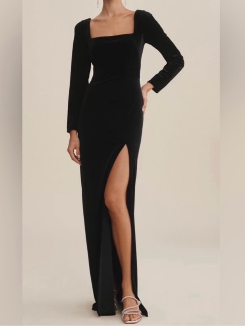 Jenny Yoo Rachel Square-Neck Long-Sleeve Side-Slit Stretch Velvet Gown